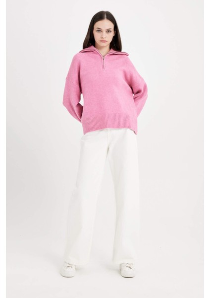 Oversize Geniş Kalıp Yarım Fermuarlı Dik Yaka Triko Kazak A8180AX24WN