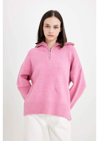 Oversize Geniş Kalıp Yarım Fermuarlı Dik Yaka Triko Kazak A8180AX24WN