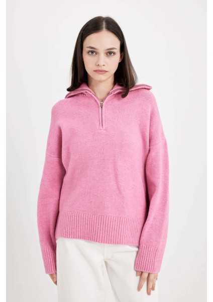 Oversize Geniş Kalıp Yarım Fermuarlı Dik Yaka Triko Kazak A8180AX24WN