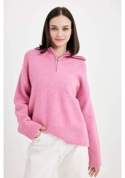 Oversize Geniş Kalıp Yarım Fermuarlı Dik Yaka Triko Kazak A8180AX24WN