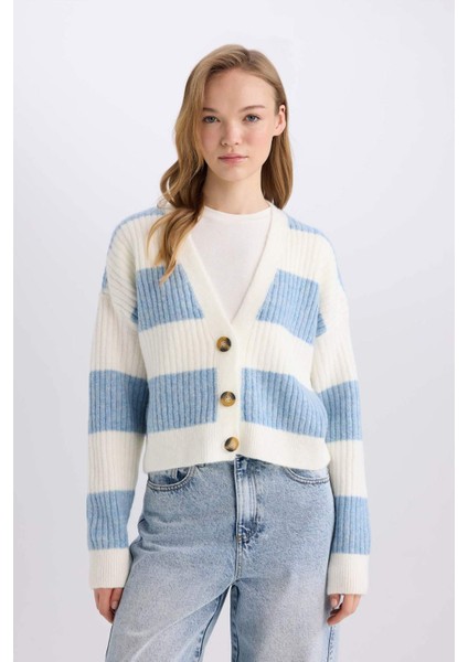 Regular Fit V Yaka Çizgili Düğmeli Triko Hırka A2416AX24WN