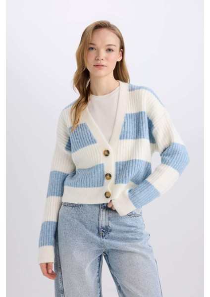 Regular Fit V Yaka Çizgili Düğmeli Triko Hırka A2416AX24WN