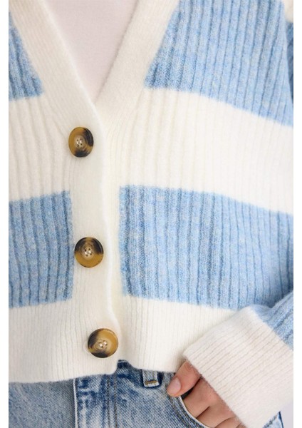 Regular Fit V Yaka Çizgili Düğmeli Triko Hırka A2416AX24WN