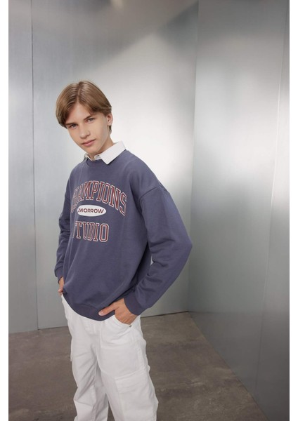 Erkek Çocuk Oversize Geniş Kalıp Bisiklet Yaka Yazı Baskılı Okul Sweatshirt D0983A824AU