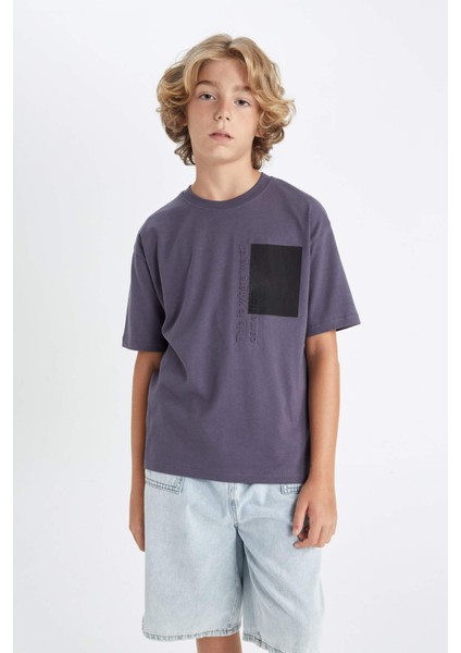 Erkek Çocuk Oversize Geniş Kalıp Bisiklet Yaka Baskılı Kısa Kollu Tişört