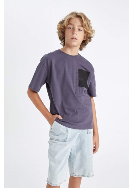 Erkek Çocuk Oversize Geniş Kalıp Bisiklet Yaka Baskılı Kısa Kollu Tişört