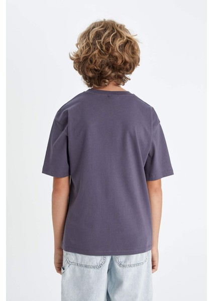 Erkek Çocuk Oversize Geniş Kalıp Bisiklet Yaka Baskılı Kısa Kollu Tişört