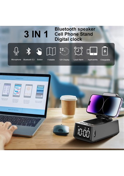 3&#39;ü 1 Arada 1 Kablosuz Bluetooth Hoparlör, Yüksek Çalar Saat Cep Telefonu Standı Tf Kart Okuyucusu Hd Surround Ses (Siyah) (Yurt Dışından) fiyatları