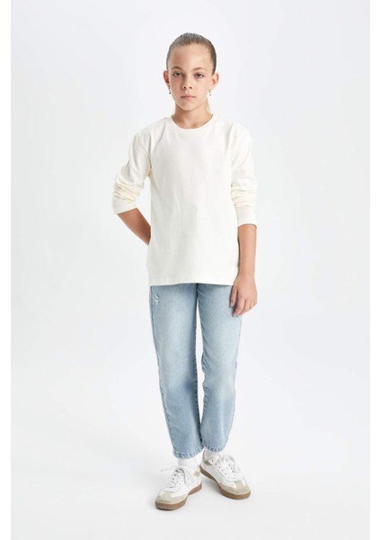 Kız Çocuk Mom Fit Yırtık Detaylı Dar Paça Cepli Jean Pantolon C8532A824AU