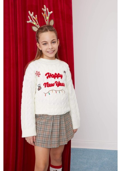 Kız Çocuk Ekru Oversize Geniş Kalıp Bisiklet Yaka Yılbaşı Temalı Triko Kazak D2673A824WN