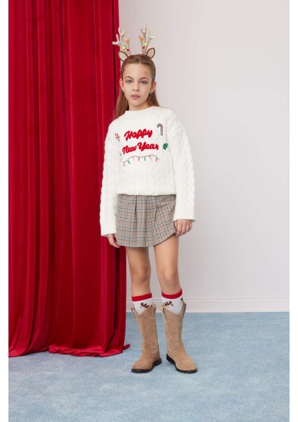 Kız Çocuk Ekru Oversize Geniş Kalıp Bisiklet Yaka Yılbaşı Temalı Triko Kazak D2673A824WN