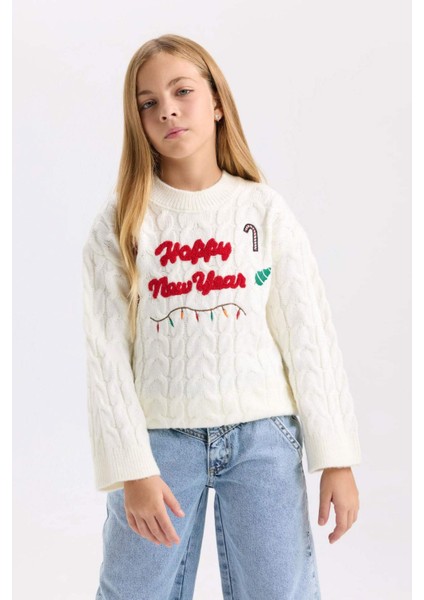 Kız Çocuk Ekru Oversize Geniş Kalıp Bisiklet Yaka Yılbaşı Temalı Triko Kazak D2673A824WN