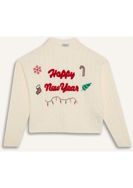 Kız Çocuk Ekru Oversize Geniş Kalıp Bisiklet Yaka Yılbaşı Temalı Triko Kazak D2673A824WN
