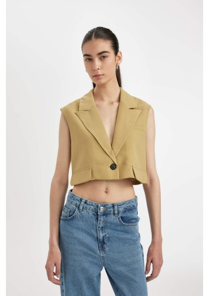 Crop Ceket Yaka Basic Düz Blazer Yelek D1199AX24SM