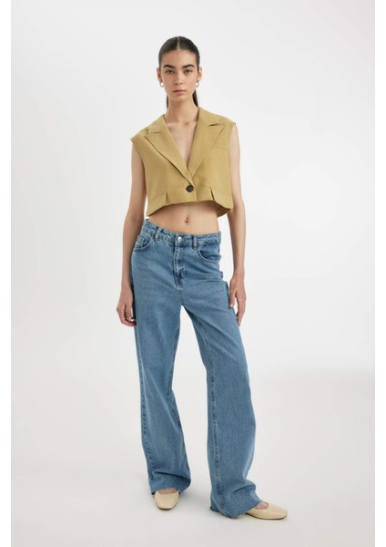 Crop Ceket Yaka Basic Düz Blazer Yelek D1199AX24SM