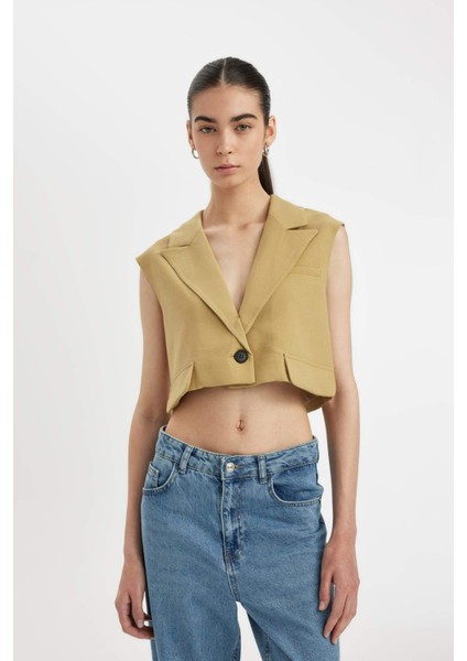 Crop Ceket Yaka Basic Düz Blazer Yelek D1199AX24SM