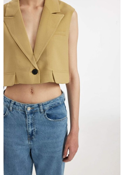 Crop Ceket Yaka Basic Düz Blazer Yelek D1199AX24SM