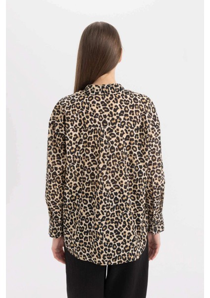 Oversize Geniş Kalıp Uzun Kollu Leopar Desenli Vual Gömlek D2564AX24SM