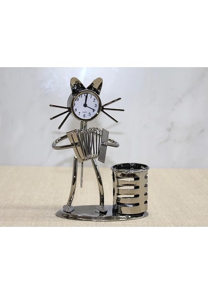 Bfs Metal Akordiyon Çalan Kedi Müzisyen Saat ve Kalemlik ALK4344