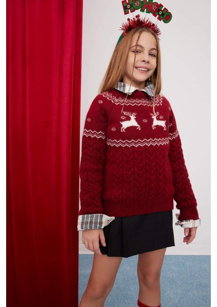 Kız Çocuk Bisiklet Yaka Yılbaşı Temalı Triko Kazak D2672A824WN