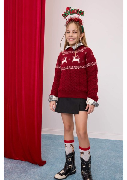 Kız Çocuk Bisiklet Yaka Yılbaşı Temalı Triko Kazak D2672A824WN