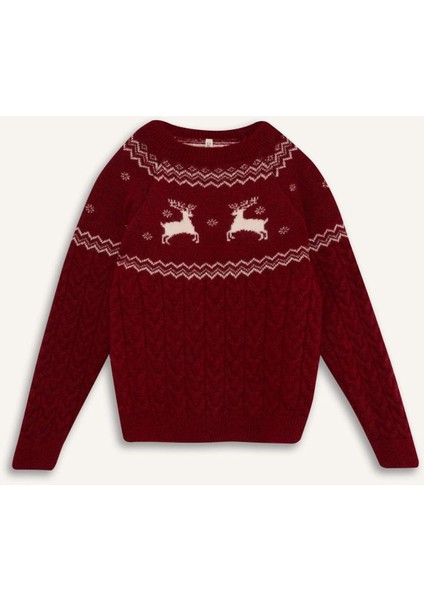 Kız Çocuk Bisiklet Yaka Yılbaşı Temalı Triko Kazak D2672A824WN