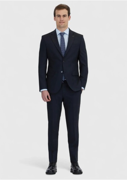 Koyu Lacivert Çizgili Modern Fit Yün Karışımlı Takım Elbise fiyatları
