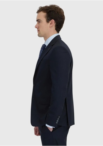 Koyu Lacivert Çizgili Modern Fit Yün Karışımlı Takım Elbise modelleri
