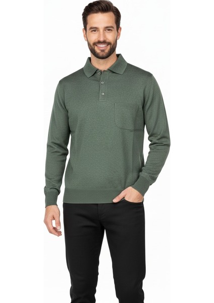 Erkek Uzun Kollu Polo Yaka Düz Renk Klasik Model Cepli Rahat Kesim Tam Kalıp Yünlü Dokuma Kazak