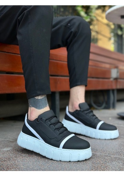 ET0666 Siyah Beyaz Yüksek Taban Erkek Günlük Ayakkabı