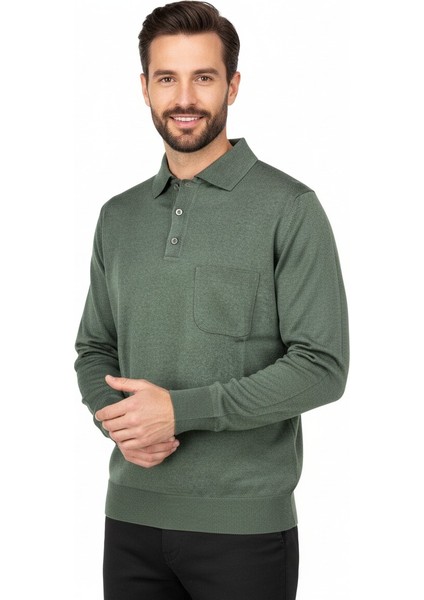 Erkek Uzun Kollu Polo Yaka Düz Renk Klasik Model Cepli Rahat Kesim Tam Kalıp Yünlü Dokuma Kazak fiyatları
