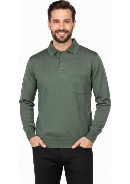 Erkek Uzun Kollu Polo Yaka Düz Renk Klasik Model Cepli Rahat Kesim Tam Kalıp Yünlü Dokuma Kazak modelleri