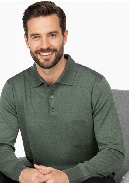 Erkek Uzun Kollu Polo Yaka Düz Renk Klasik Model Cepli Rahat Kesim Tam Kalıp Yünlü Dokuma Kazak fırsatları