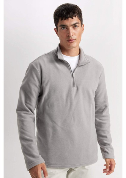 Gri Tüylenme Yapmayan Soğuk Geçirmez Regular Fit Dik Yaka Fermuarlı Polar Sweatshirt Y3996AZNS