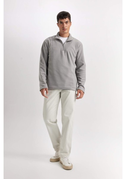 Gri Tüylenme Yapmayan Soğuk Geçirmez Regular Fit Dik Yaka Fermuarlı Polar Sweatshirt Y3996AZNS