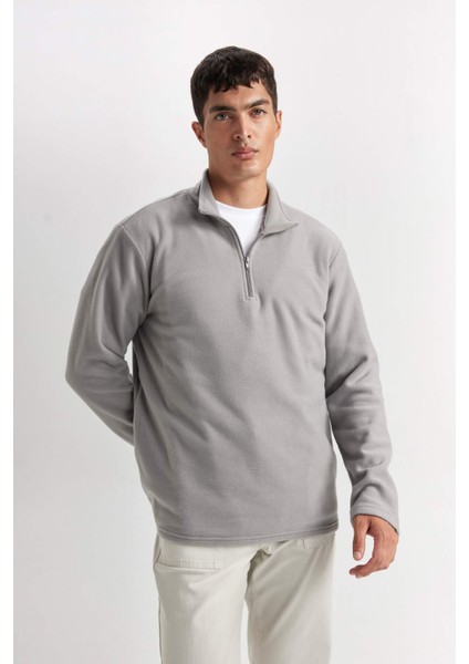 Gri Tüylenme Yapmayan Soğuk Geçirmez Regular Fit Dik Yaka Fermuarlı Polar Sweatshirt Y3996AZNS