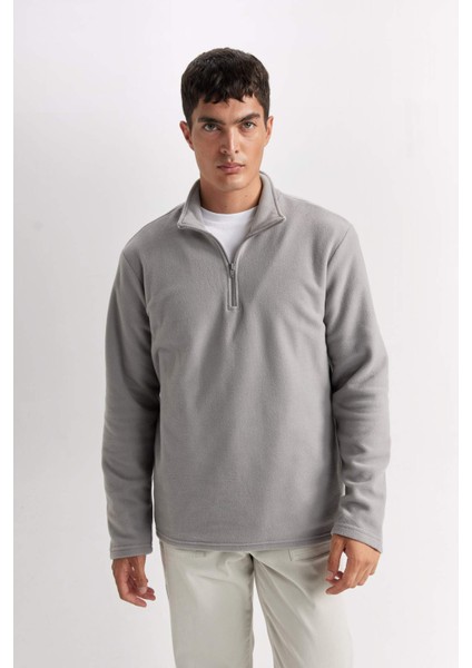 Gri Tüylenme Yapmayan Soğuk Geçirmez Regular Fit Dik Yaka Fermuarlı Polar Sweatshirt Y3996AZNS