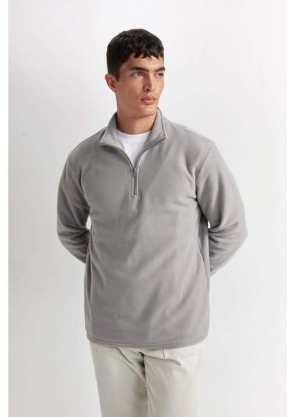 Gri Tüylenme Yapmayan Soğuk Geçirmez Regular Fit Dik Yaka Fermuarlı Polar Sweatshirt Y3996AZNS