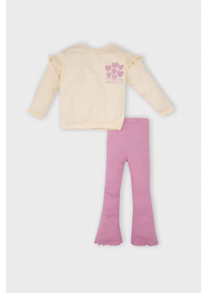 Kız Bebek 2'li Takım Kalp Desenli Sweatshirt Beli Lastikli İspanyol Paça Tayt D2860A524AU