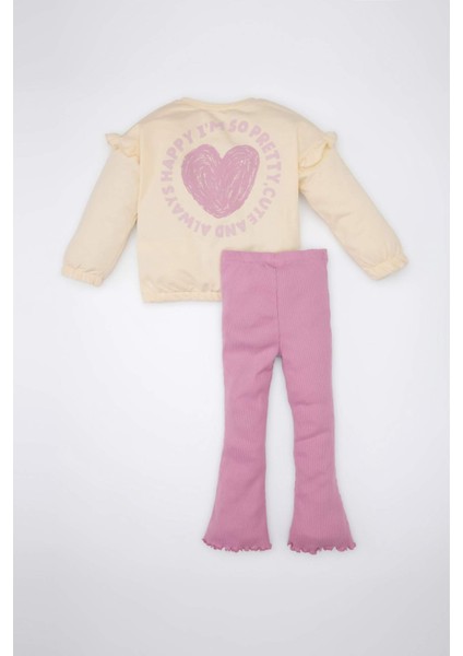 Kız Bebek 2'li Takım Kalp Desenli Sweatshirt Beli Lastikli İspanyol Paça Tayt D2860A524AU