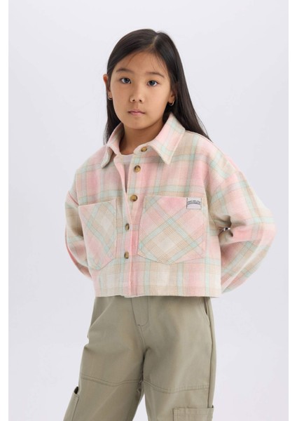 Kız Çocuk Ekoseli Düğmeli Cepli Crop Uzun Kollu Gömlek D2659A824AU