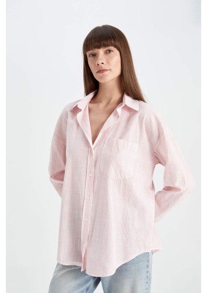 Oversize Geniş Kalıp Çizgili Keten Görünümlü Uzun Kollu Gömlek D2947AX24SM