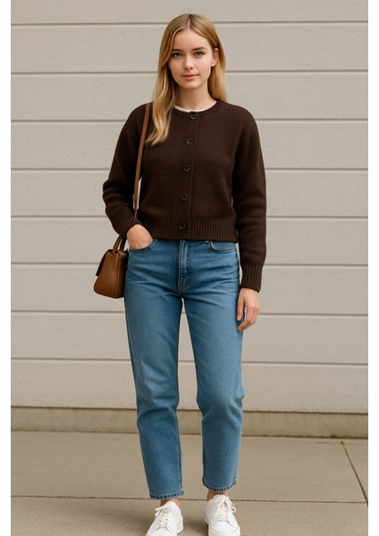 Rtd&vld Kadın Bisiklet Yaka Yumuşak Dokulu Rahat Triko Hırka Kahverengi