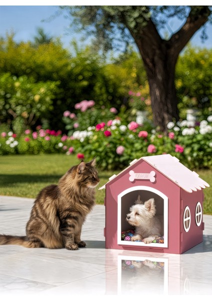 Ahşap Özel Isim Baskılı Dekoratif Köpek Evi-Kulübesi, Küçük Irk Köpekler Için Kulübe, Köpek Kulübesi Pembe