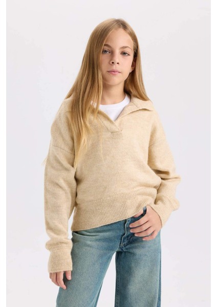 Kız Çocuk Polo Yaka Basic Düz Triko Kazak C9667A824WN