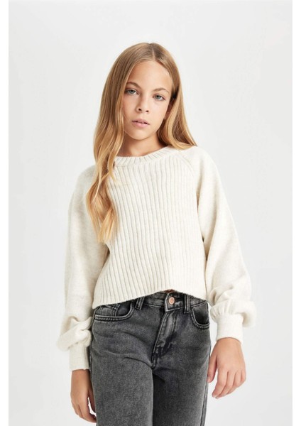 Kız Çocuk Ekru Standart Fit Bisiklet Yaka Örgü Desenli Triko Kazak C9555A824WN