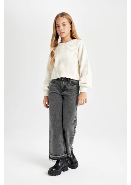 Kız Çocuk Ekru Standart Fit Bisiklet Yaka Örgü Desenli Triko Kazak C9555A824WN