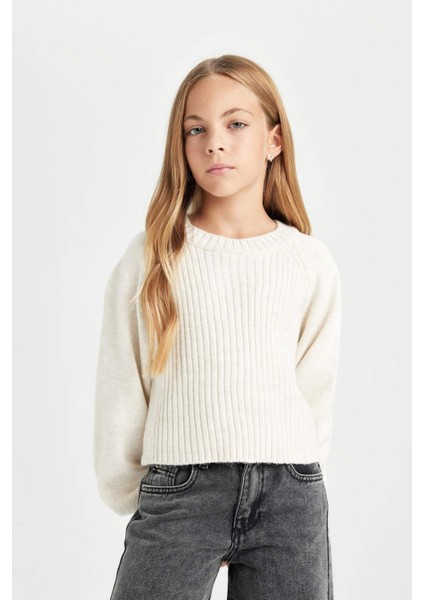 Kız Çocuk Ekru Standart Fit Bisiklet Yaka Örgü Desenli Triko Kazak C9555A824WN