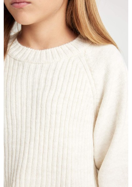 Kız Çocuk Ekru Standart Fit Bisiklet Yaka Örgü Desenli Triko Kazak C9555A824WN