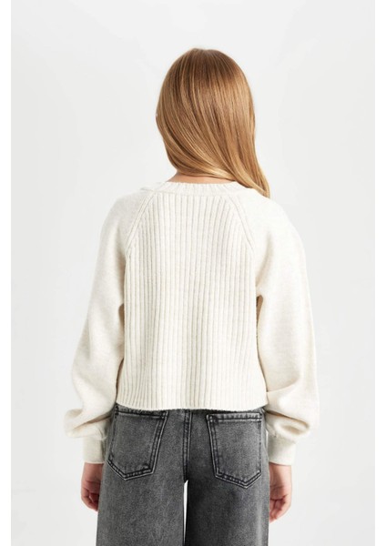 Kız Çocuk Ekru Standart Fit Bisiklet Yaka Örgü Desenli Triko Kazak C9555A824WN